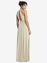 Rear View Thumbnail - Champagne High-Neck Open-Back Shirred Halter Maxi Dress