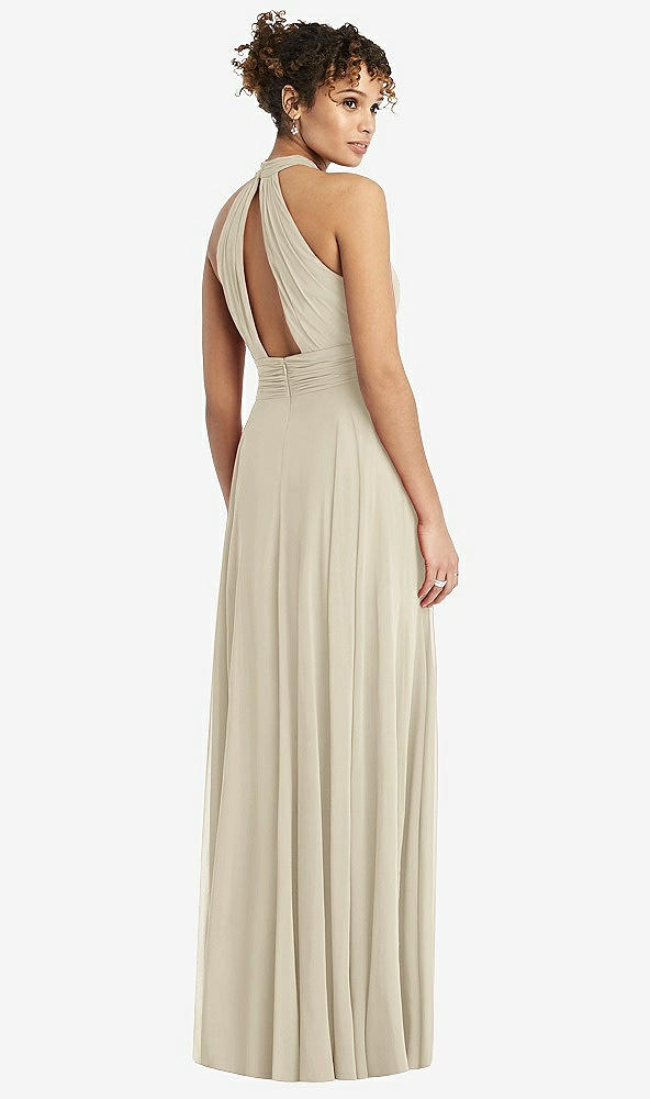 Back View - Champagne High-Neck Open-Back Shirred Halter Maxi Dress