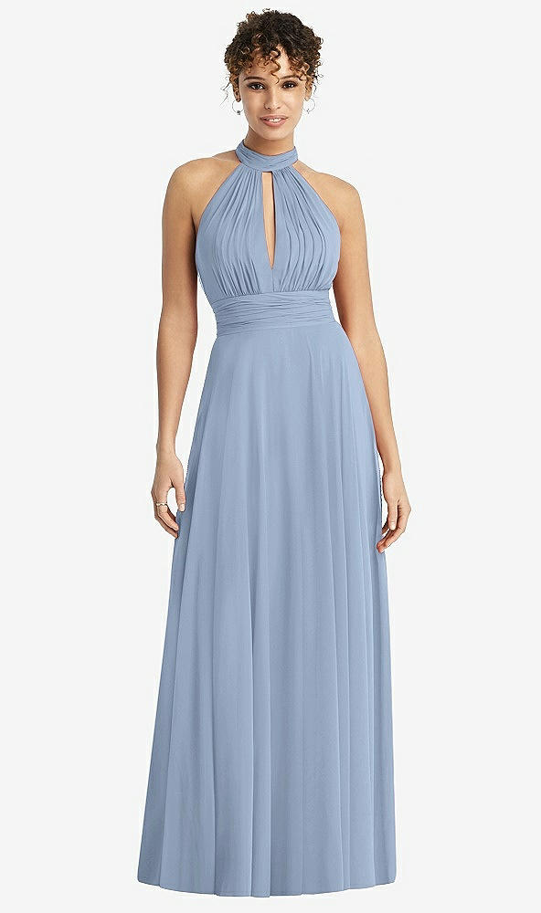 Front View - Cloudy High-Neck Open-Back Shirred Halter Maxi Dress