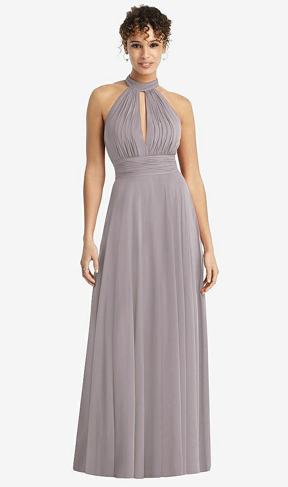 Front View - Cashmere Gray High-Neck Open-Back Shirred Halter Maxi Dress