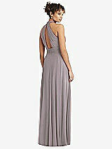 Rear View Thumbnail - Cashmere Gray High-Neck Open-Back Shirred Halter Maxi Dress