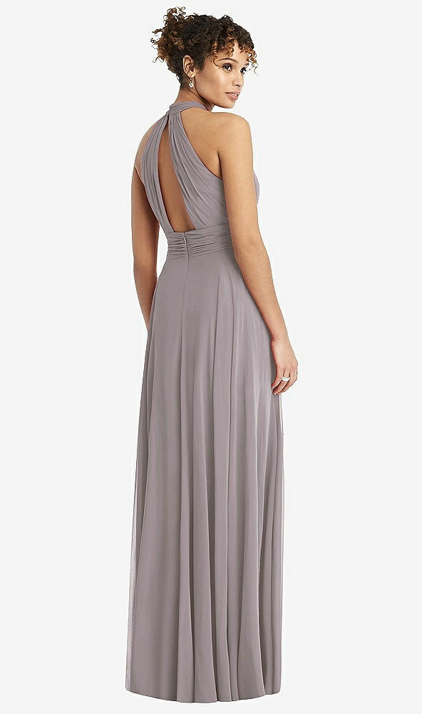 Back View - Cashmere Gray High-Neck Open-Back Shirred Halter Maxi Dress