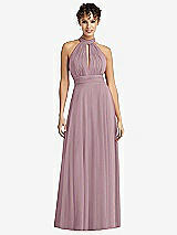 Front View Thumbnail - Dusty Rose High-Neck Open-Back Shirred Halter Maxi Dress