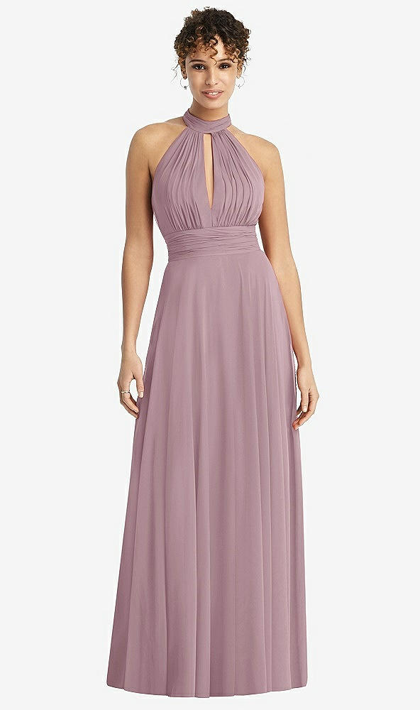 Front View - Dusty Rose High-Neck Open-Back Shirred Halter Maxi Dress