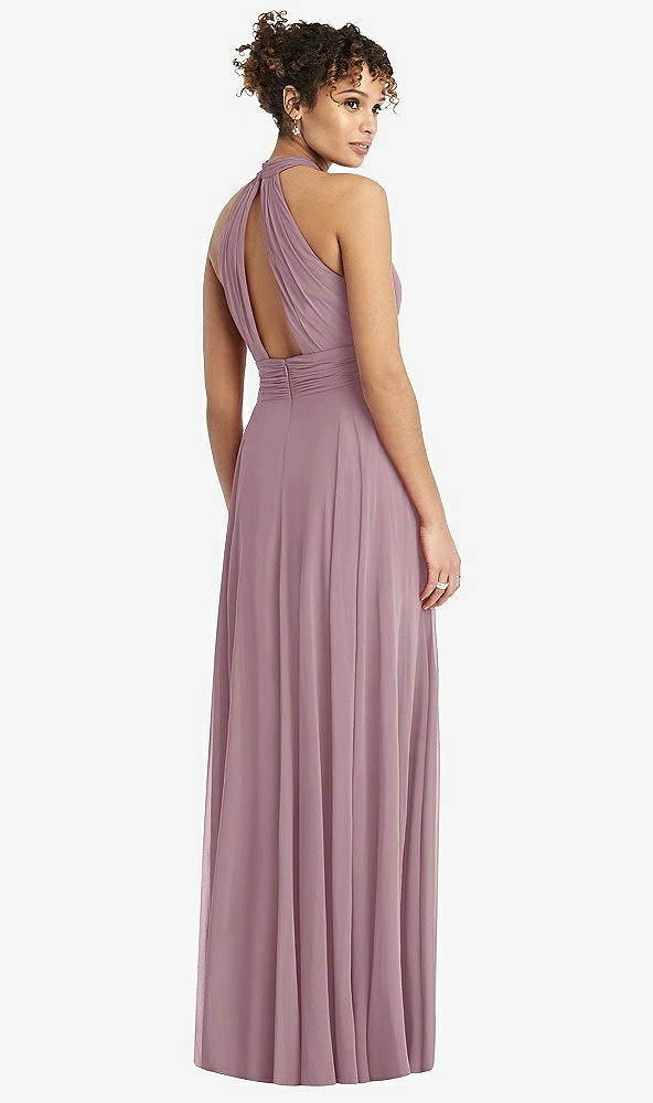 Back View - Dusty Rose High-Neck Open-Back Shirred Halter Maxi Dress