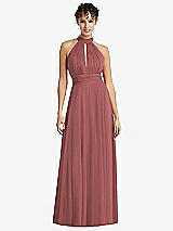 Front View Thumbnail - English Rose High-Neck Open-Back Shirred Halter Maxi Dress