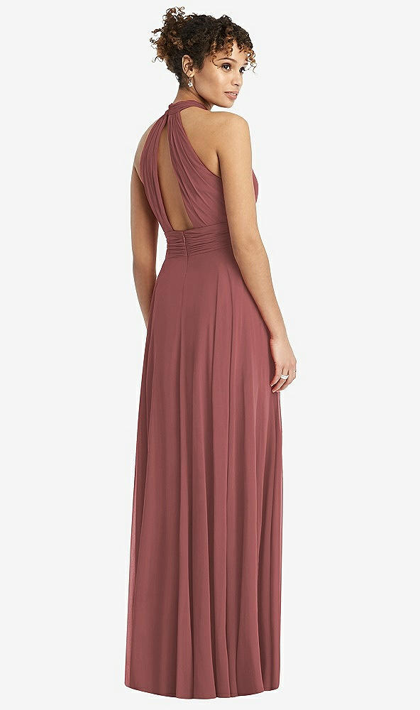 Back View - English Rose High-Neck Open-Back Shirred Halter Maxi Dress