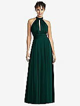 Front View Thumbnail - Evergreen High-Neck Open-Back Shirred Halter Maxi Dress