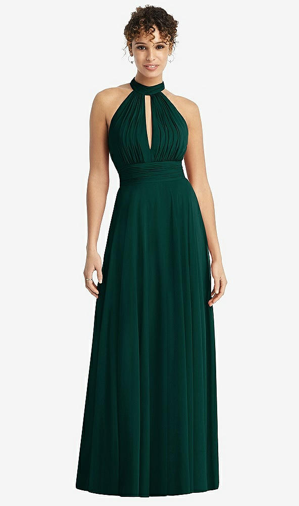 Front View - Evergreen High-Neck Open-Back Shirred Halter Maxi Dress