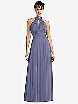 Front View Thumbnail - French Blue High-Neck Open-Back Shirred Halter Maxi Dress