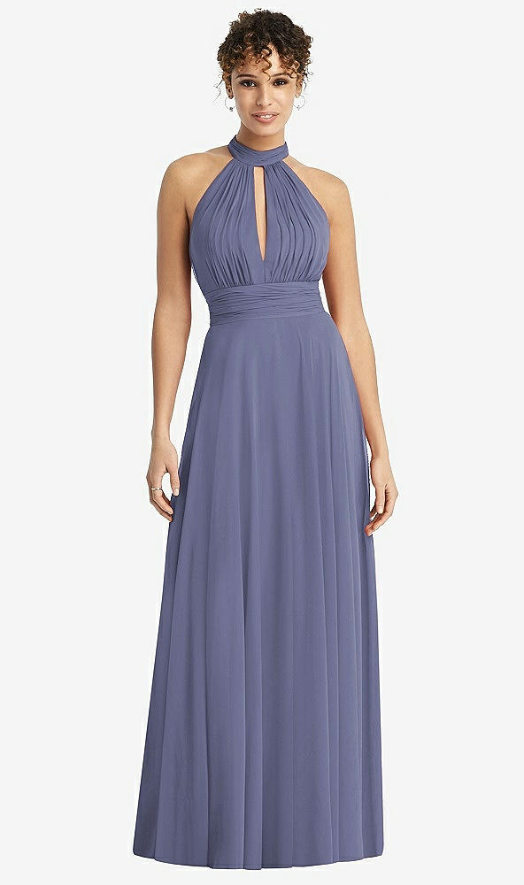 Front View - French Blue High-Neck Open-Back Shirred Halter Maxi Dress