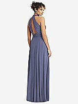 Rear View Thumbnail - French Blue High-Neck Open-Back Shirred Halter Maxi Dress