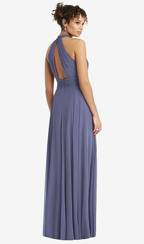 Back View - French Blue High-Neck Open-Back Shirred Halter Maxi Dress
