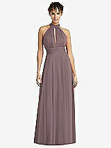 Front View Thumbnail - French Truffle High-Neck Open-Back Shirred Halter Maxi Dress