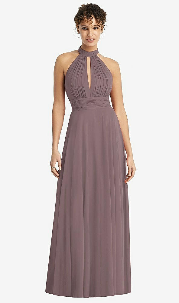 Front View - French Truffle High-Neck Open-Back Shirred Halter Maxi Dress