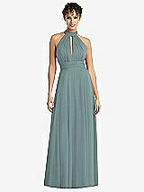 Front View Thumbnail - Icelandic High-Neck Open-Back Shirred Halter Maxi Dress