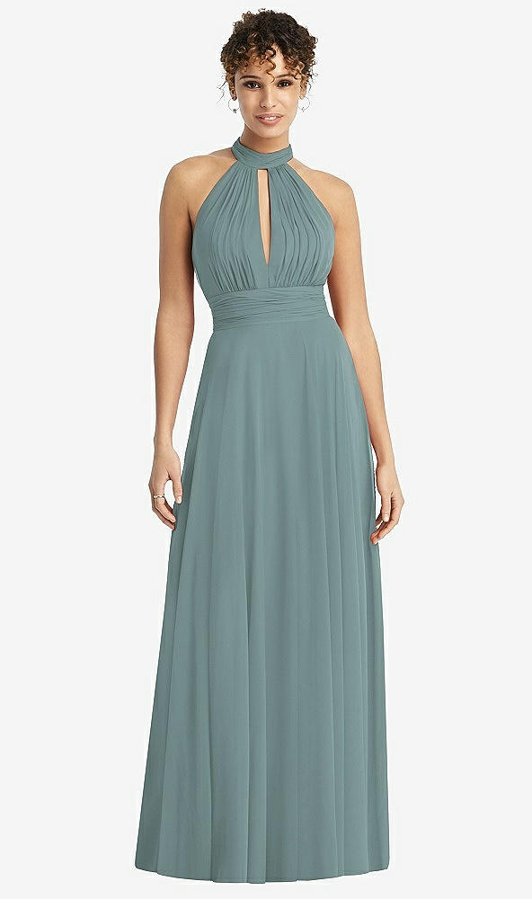 Front View - Icelandic High-Neck Open-Back Shirred Halter Maxi Dress