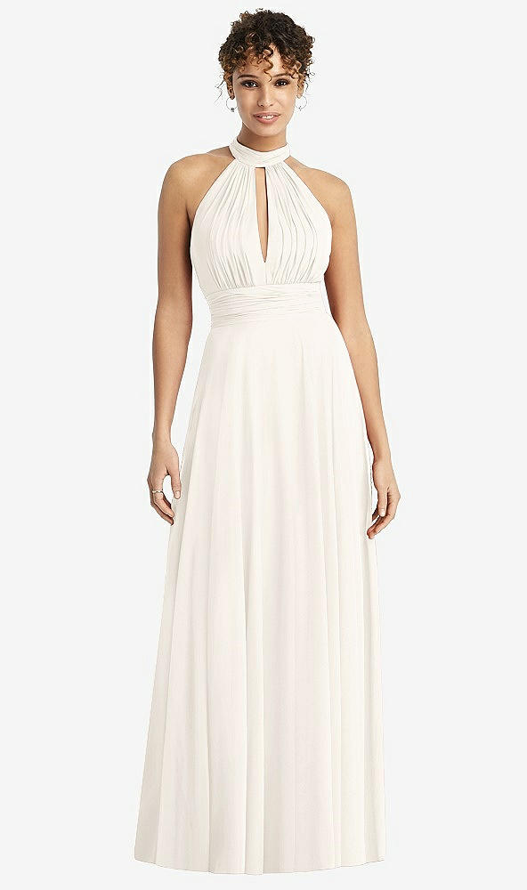 Front View - Ivory High-Neck Open-Back Shirred Halter Maxi Dress