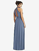 Rear View Thumbnail - Larkspur Blue High-Neck Open-Back Shirred Halter Maxi Dress