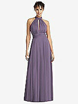 Front View Thumbnail - Lavender High-Neck Open-Back Shirred Halter Maxi Dress