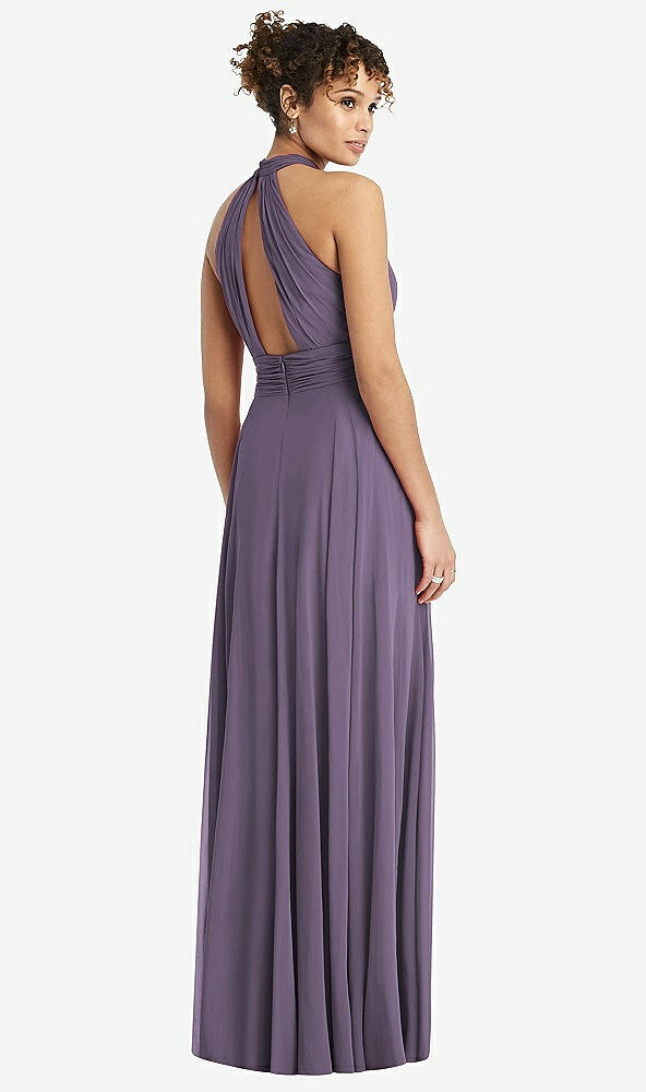 Back View - Lavender High-Neck Open-Back Shirred Halter Maxi Dress