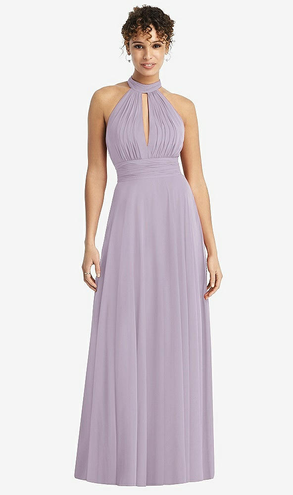 Front View - Lilac Haze High-Neck Open-Back Shirred Halter Maxi Dress