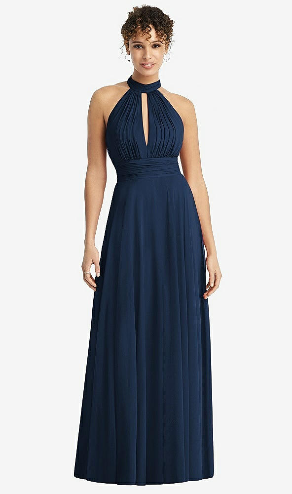 Front View - Midnight Navy High-Neck Open-Back Shirred Halter Maxi Dress