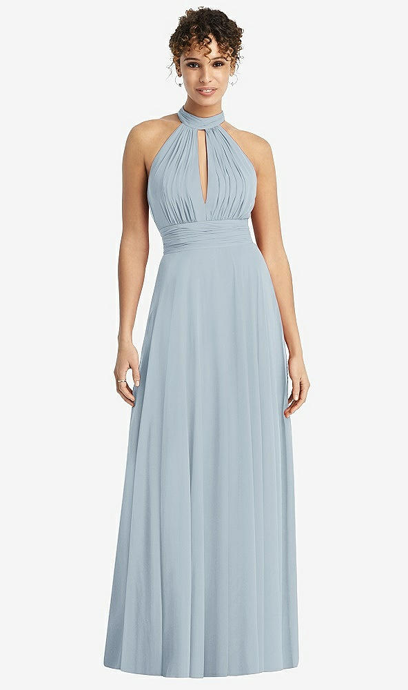 Front View - Mist High-Neck Open-Back Shirred Halter Maxi Dress