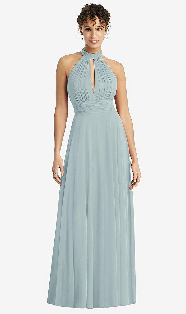 Front View - Morning Sky High-Neck Open-Back Shirred Halter Maxi Dress