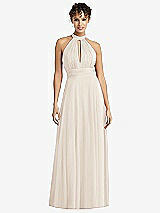 Front View Thumbnail - Oat High-Neck Open-Back Shirred Halter Maxi Dress