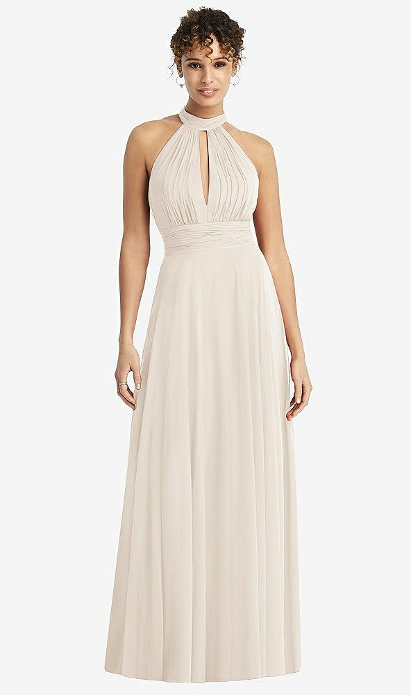 Front View - Oat High-Neck Open-Back Shirred Halter Maxi Dress