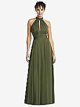 Front View Thumbnail - Olive Green High-Neck Open-Back Shirred Halter Maxi Dress