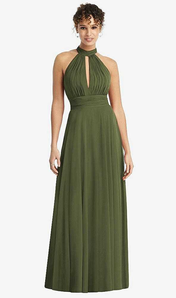 Front View - Olive Green High-Neck Open-Back Shirred Halter Maxi Dress