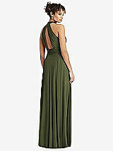 Rear View Thumbnail - Olive Green High-Neck Open-Back Shirred Halter Maxi Dress