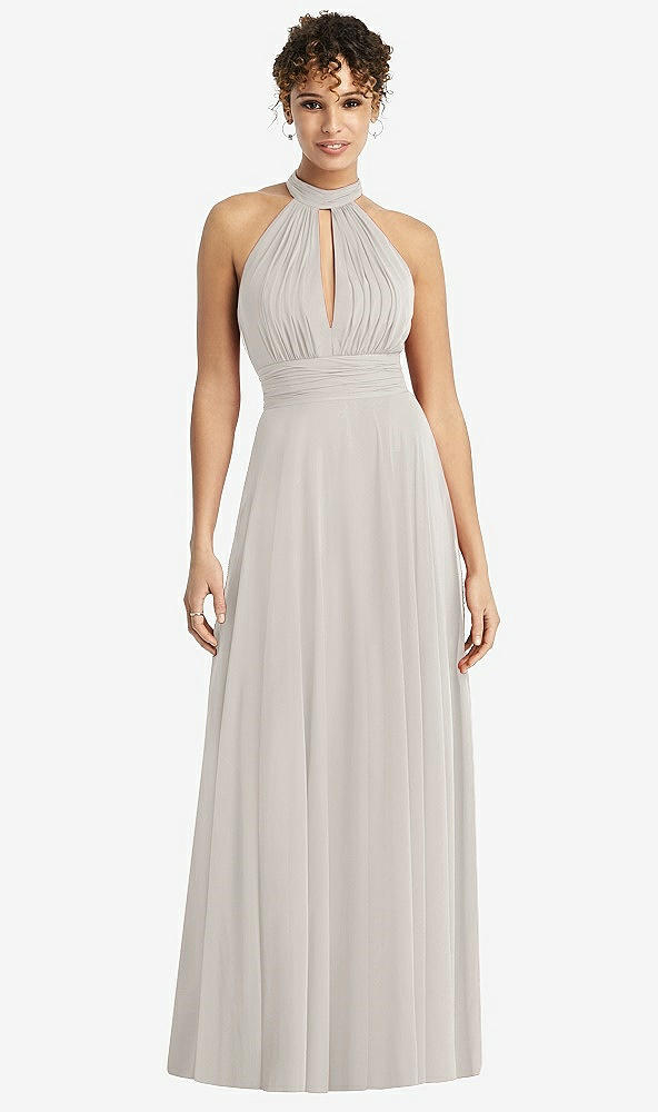 Front View - Oyster High-Neck Open-Back Shirred Halter Maxi Dress