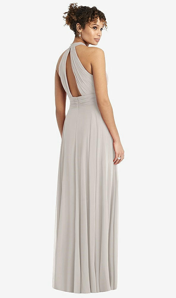 Back View - Oyster High-Neck Open-Back Shirred Halter Maxi Dress