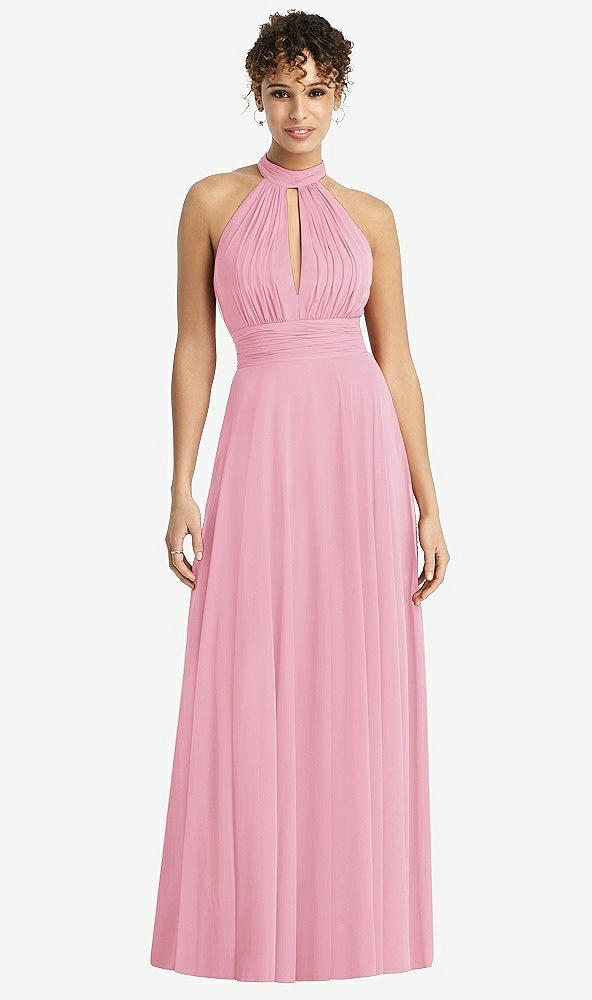 Front View - Peony Pink High-Neck Open-Back Shirred Halter Maxi Dress