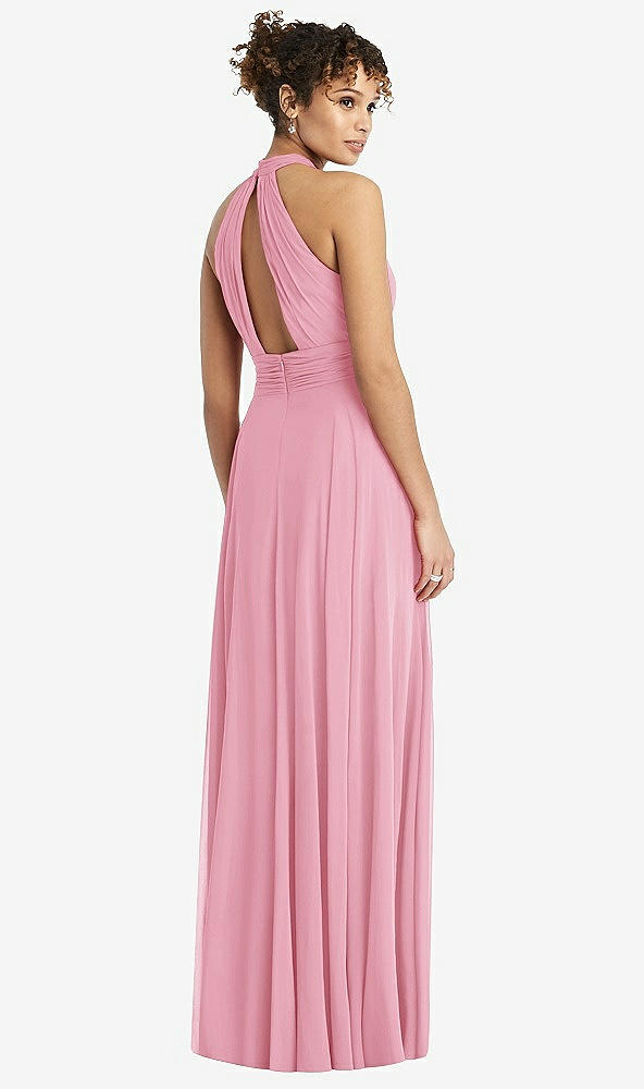 Back View - Peony Pink High-Neck Open-Back Shirred Halter Maxi Dress