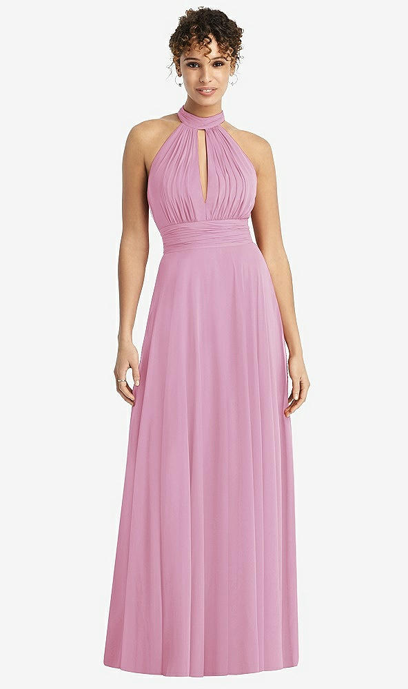 Front View - Powder Pink High-Neck Open-Back Shirred Halter Maxi Dress