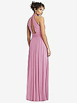 Rear View Thumbnail - Powder Pink High-Neck Open-Back Shirred Halter Maxi Dress