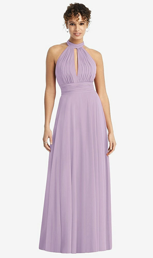 Front View - Pale Purple High-Neck Open-Back Shirred Halter Maxi Dress
