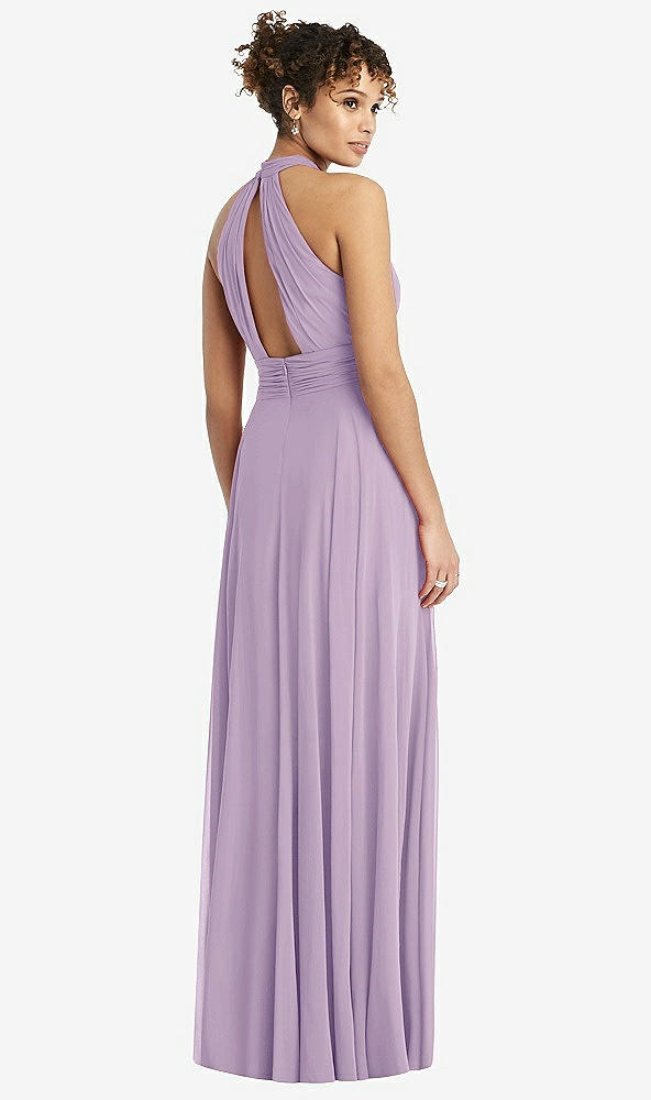Back View - Pale Purple High-Neck Open-Back Shirred Halter Maxi Dress