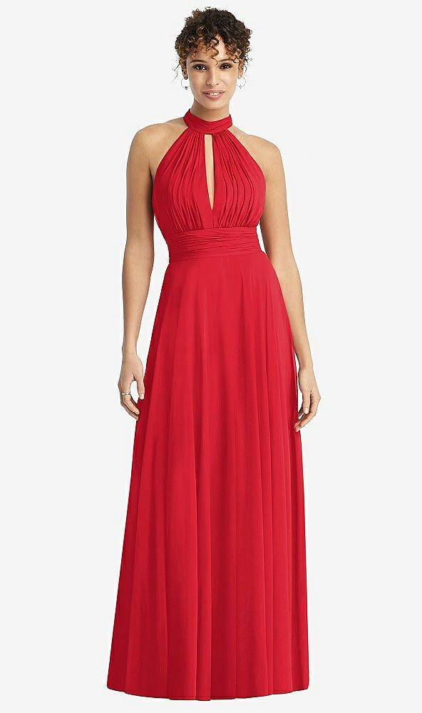 Front View - Parisian Red High-Neck Open-Back Shirred Halter Maxi Dress