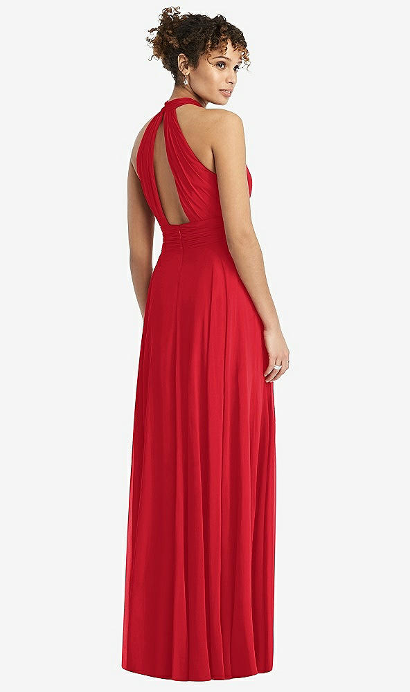 Back View - Parisian Red High-Neck Open-Back Shirred Halter Maxi Dress