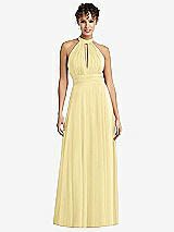 Front View Thumbnail - Pale Yellow High-Neck Open-Back Shirred Halter Maxi Dress