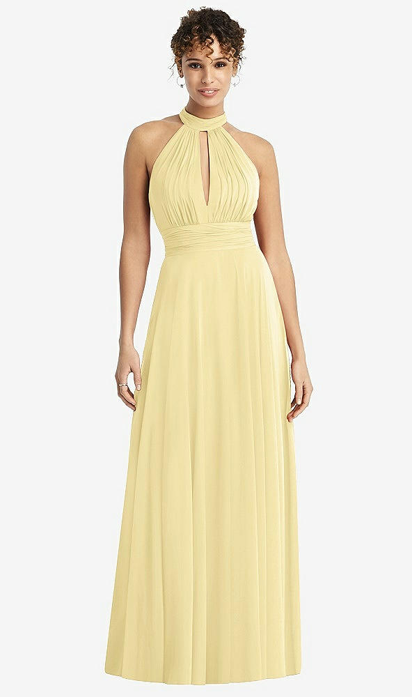 Front View - Pale Yellow High-Neck Open-Back Shirred Halter Maxi Dress