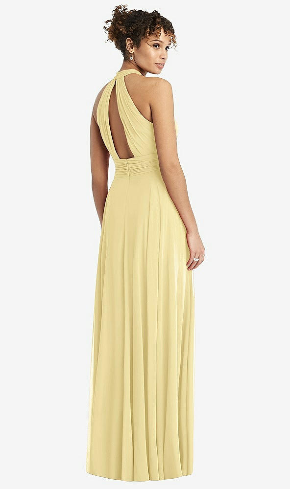 Back View - Pale Yellow High-Neck Open-Back Shirred Halter Maxi Dress