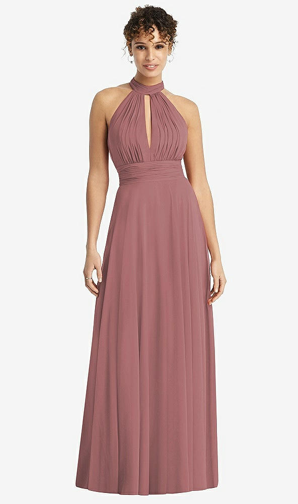 Front View - Rosewood High-Neck Open-Back Shirred Halter Maxi Dress