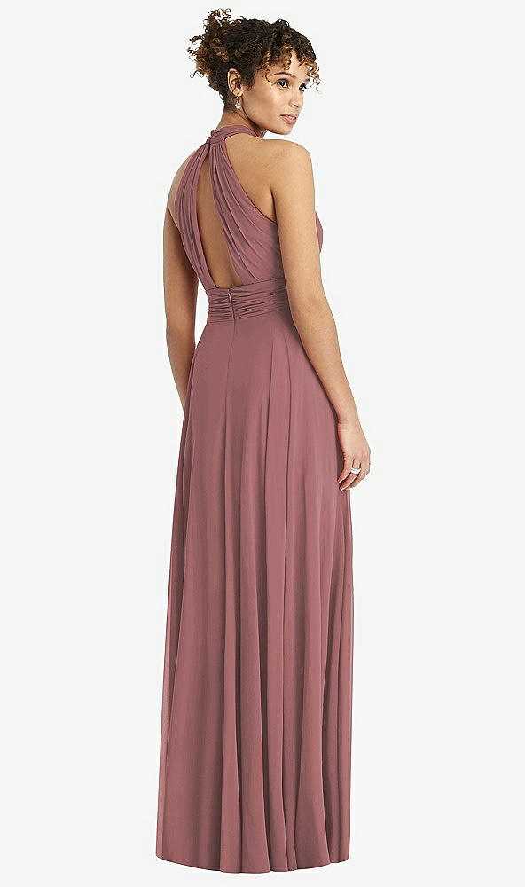 Back View - Rosewood High-Neck Open-Back Shirred Halter Maxi Dress