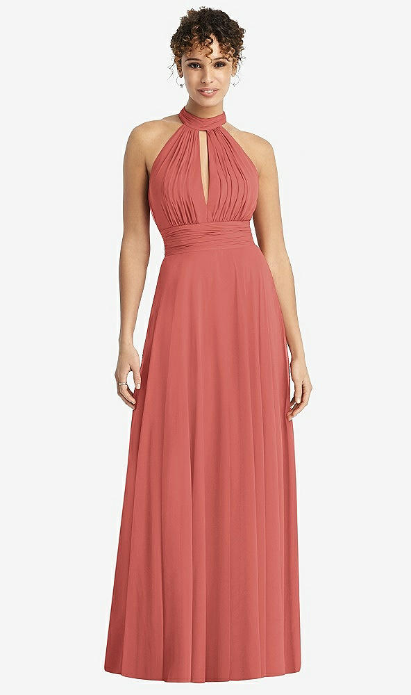 Front View - Coral Pink High-Neck Open-Back Shirred Halter Maxi Dress